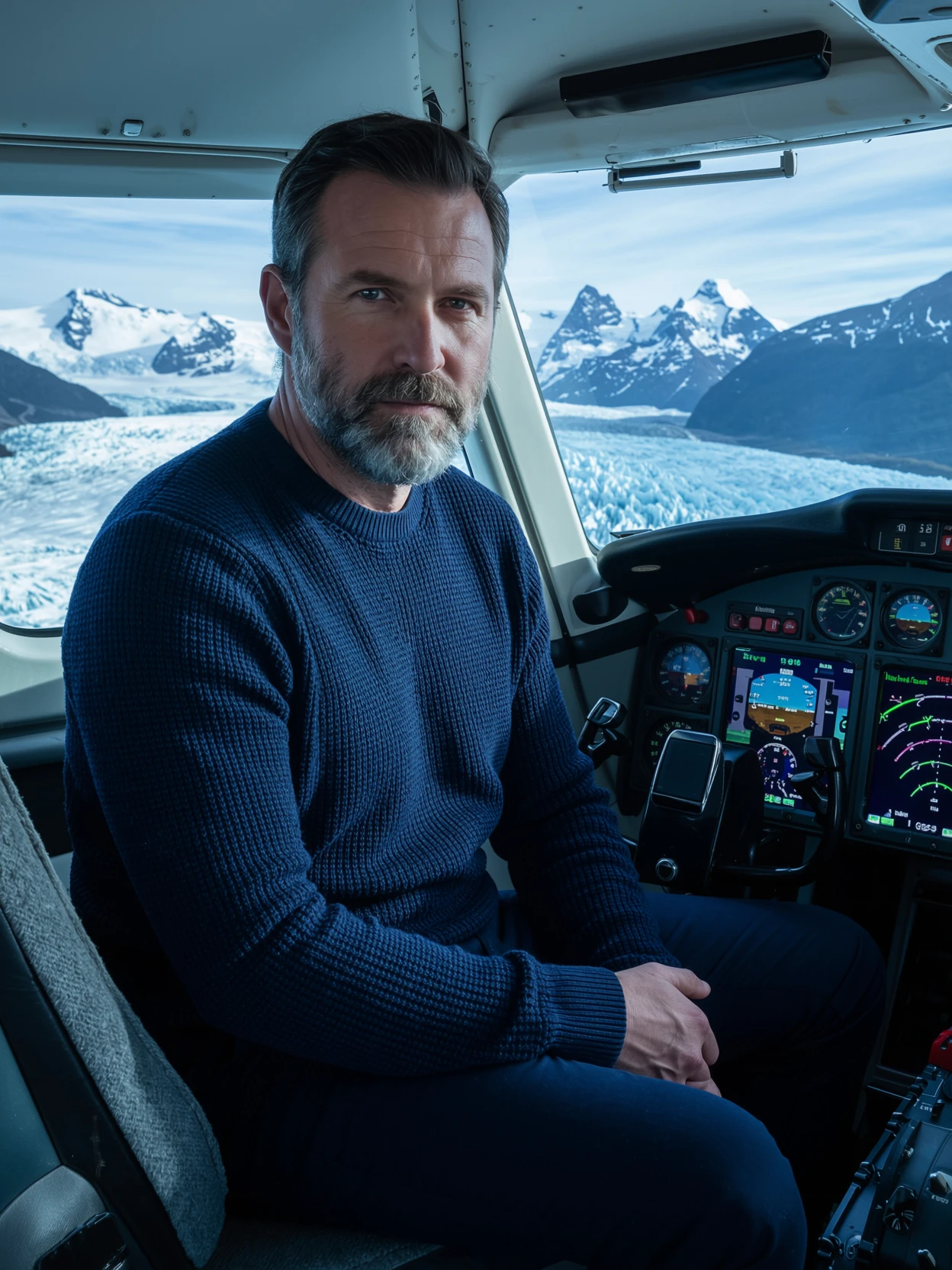 Output — bush plane cockpit over glaciers